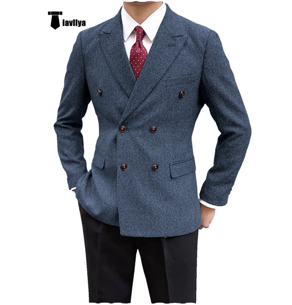 Men’s Casual Tweed Double Breasted Notch Lapel Blazer Xs / Light Navy