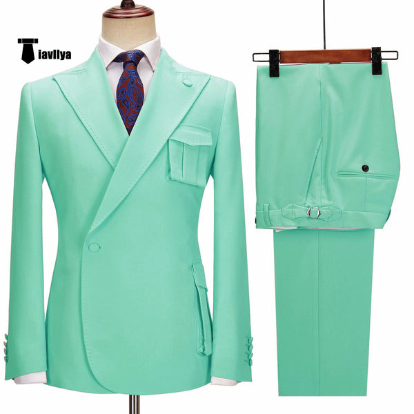 Fashion 2 Piece Men’s Suit Slim Fit Peak Lapel Tuxedo For Wedding (Blazer + Pants) Xs / Mint