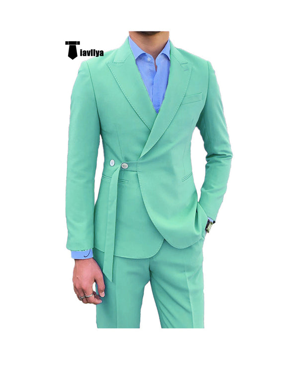 Casual 2 Piece Men’s Suit Slim Fit Peak Lapel Tuxedo For Wedding (Blazer + Pants) Xs / Mint Green