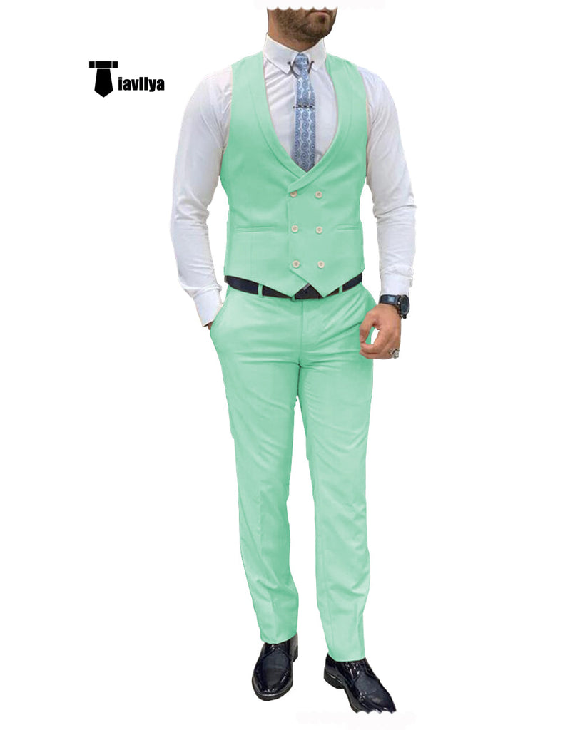 Double Breasted Formal 2 Pieces Mens Suit For Wedding(Vest + Pants) Xs / Mint Green Suit