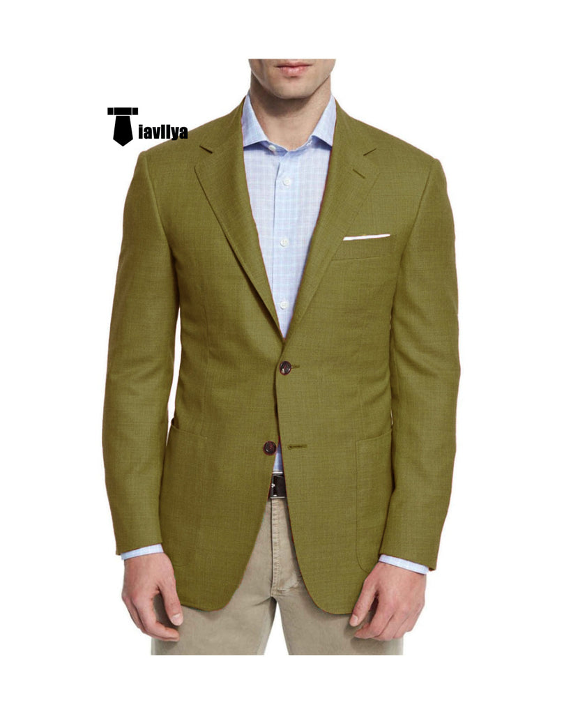 Fashion Men’s 2 Pieces Mens Blazer Notch Lapel Linen For Wedding Xs / Olive Green