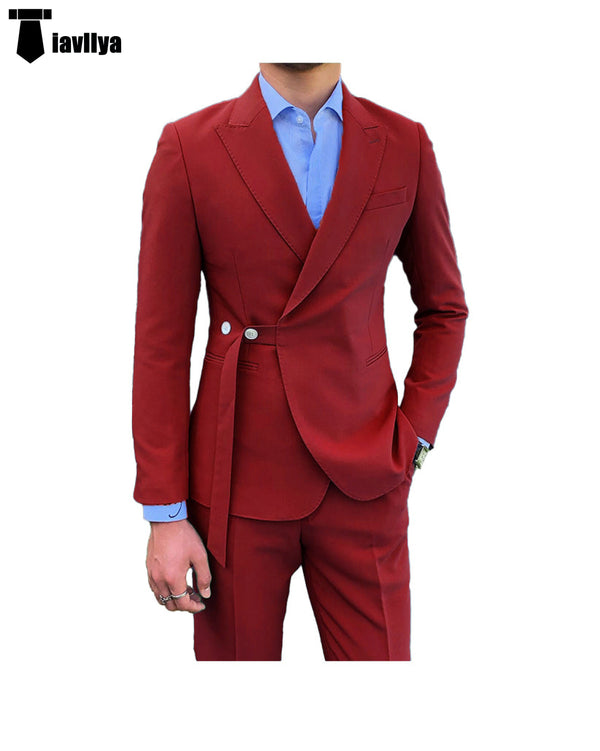 Fashion 2 Piece Men’s Suit Slim Fit Peak Lapel Tuxedo For Wedding (Blazer + Pants) Xs / Red