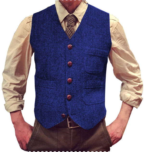 Suit Vest - Vintage Classical Mens Regular Fit Tweed Herringbone V Neck Waistcoat