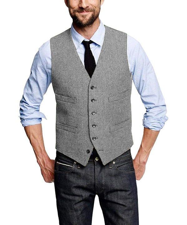 Suit Vest - Casual Men's Tweed Herringbone V Neck Vest