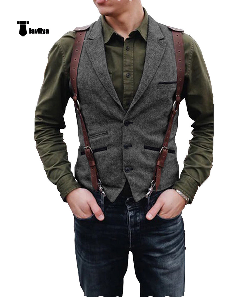 Suit Vest - Vintage Classical Men's Retro Tweed Herringbone Notch Lapel Waistcoat