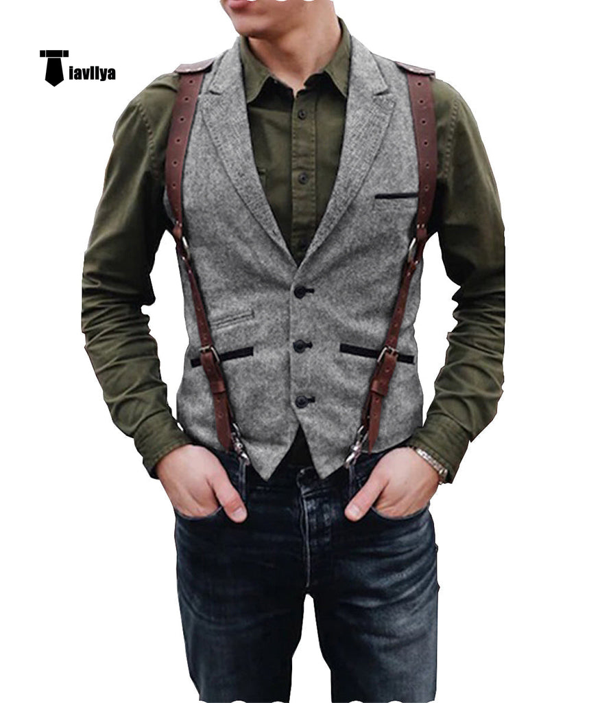 Suit Vest - Vintage Classical Men's Retro Tweed Herringbone Notch Lapel Waistcoat