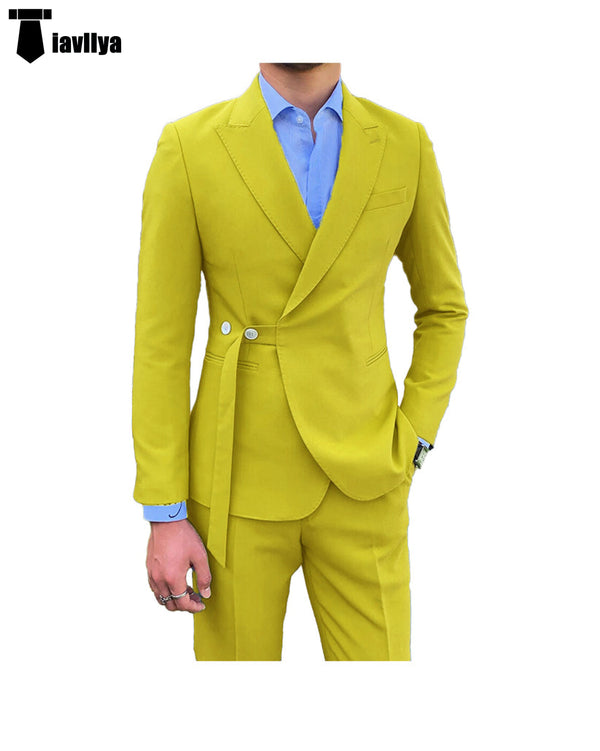 Fashion 2 Piece Men’s Suit Slim Fit Peak Lapel Tuxedo For Wedding (Blazer + Pants) Xs / Yellow